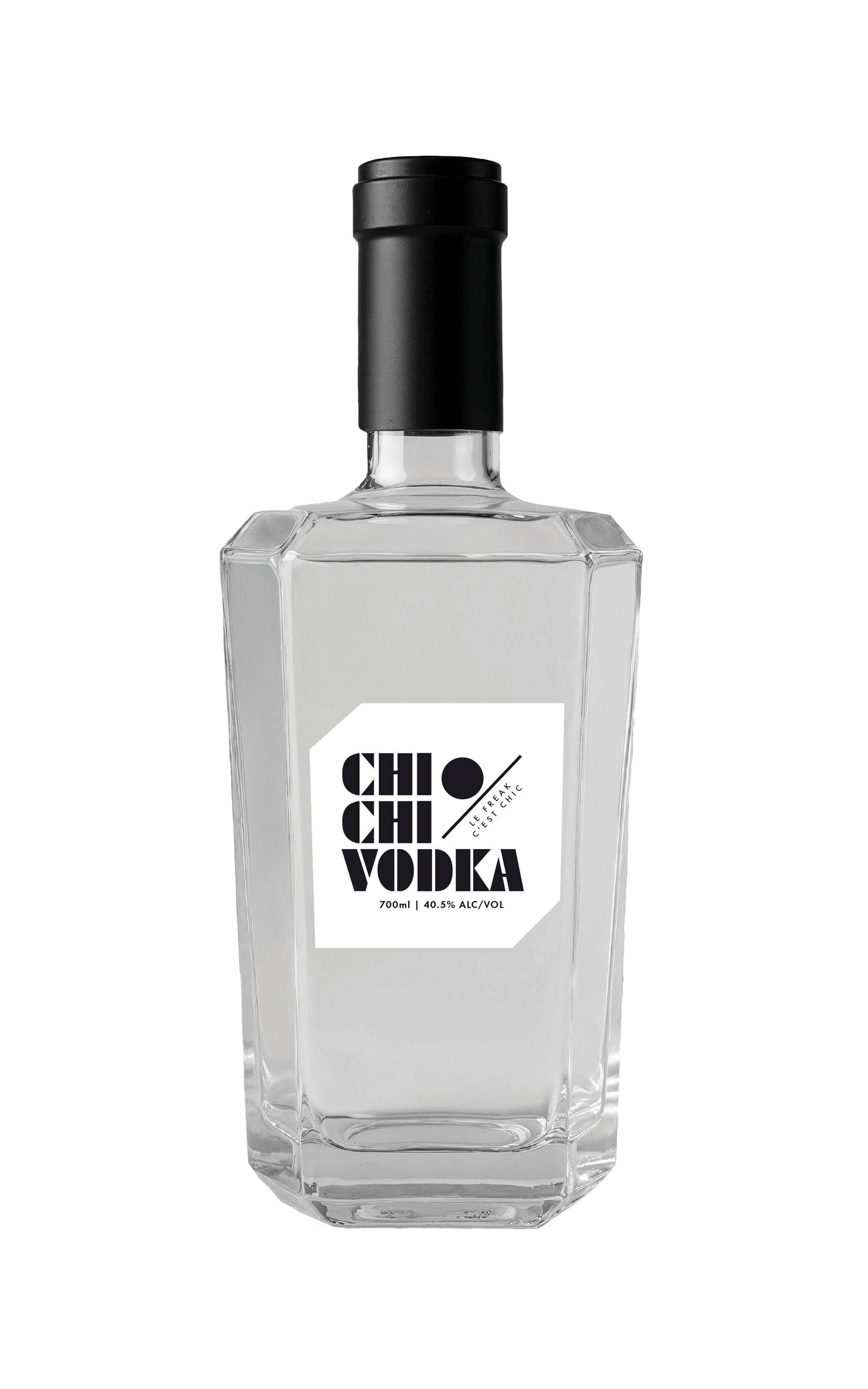 Clear vodka bottle with black cap on a white background