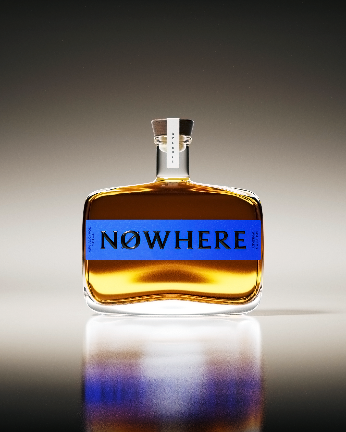 Bottle of 'Nowhere' brand liquor on a reflective surface with a gradient background