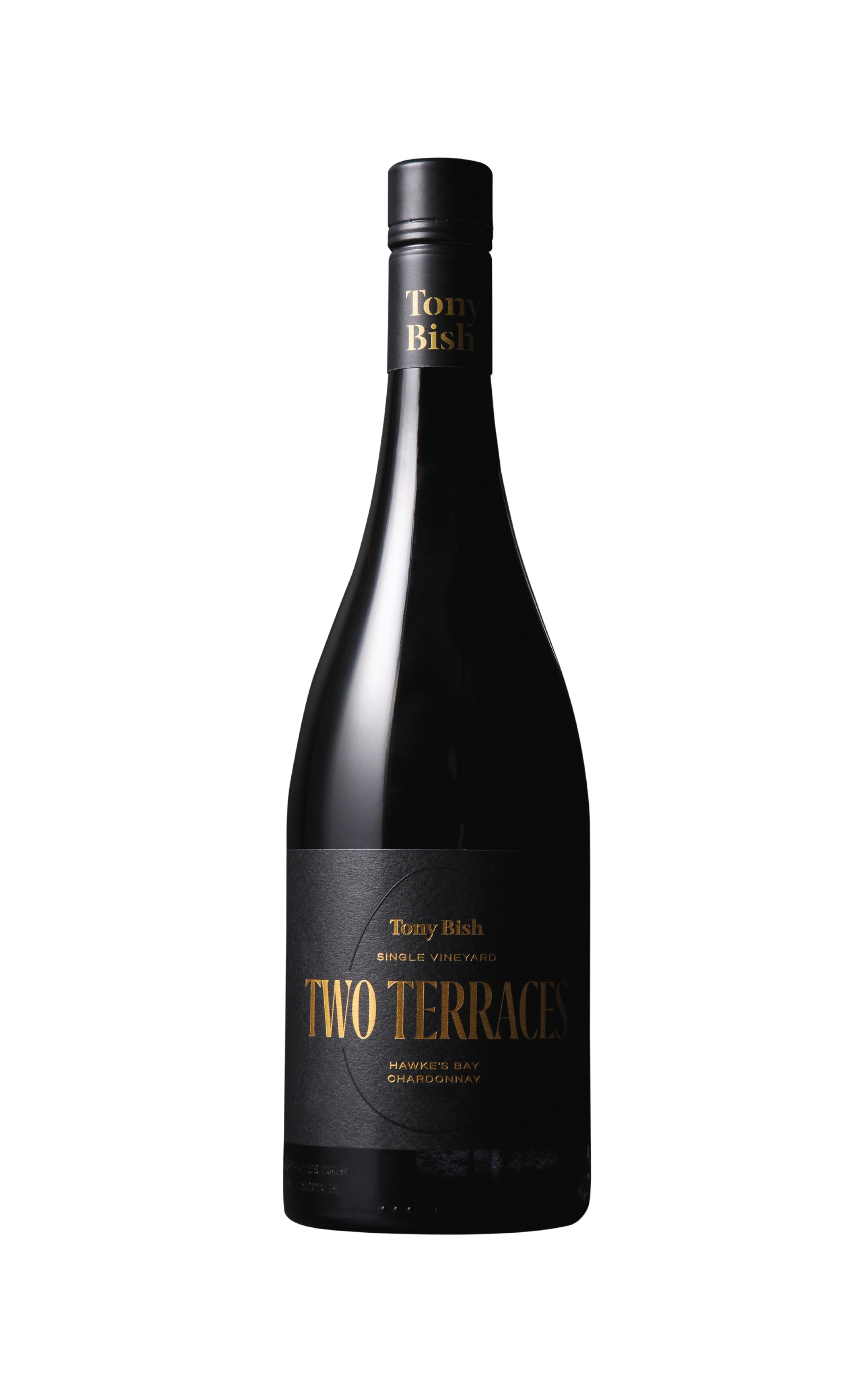 Wine bottle with 'Two Terraces' label on a white background